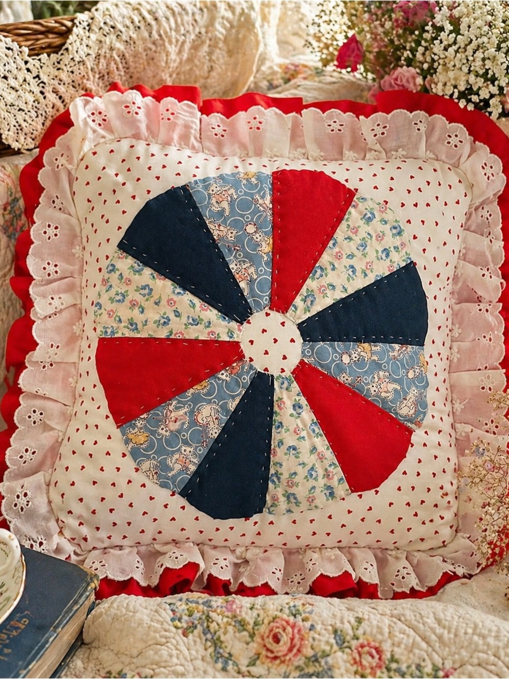 Handmade Dresden Plate Quilt Pillow Red Blue Cottage Farmhouse